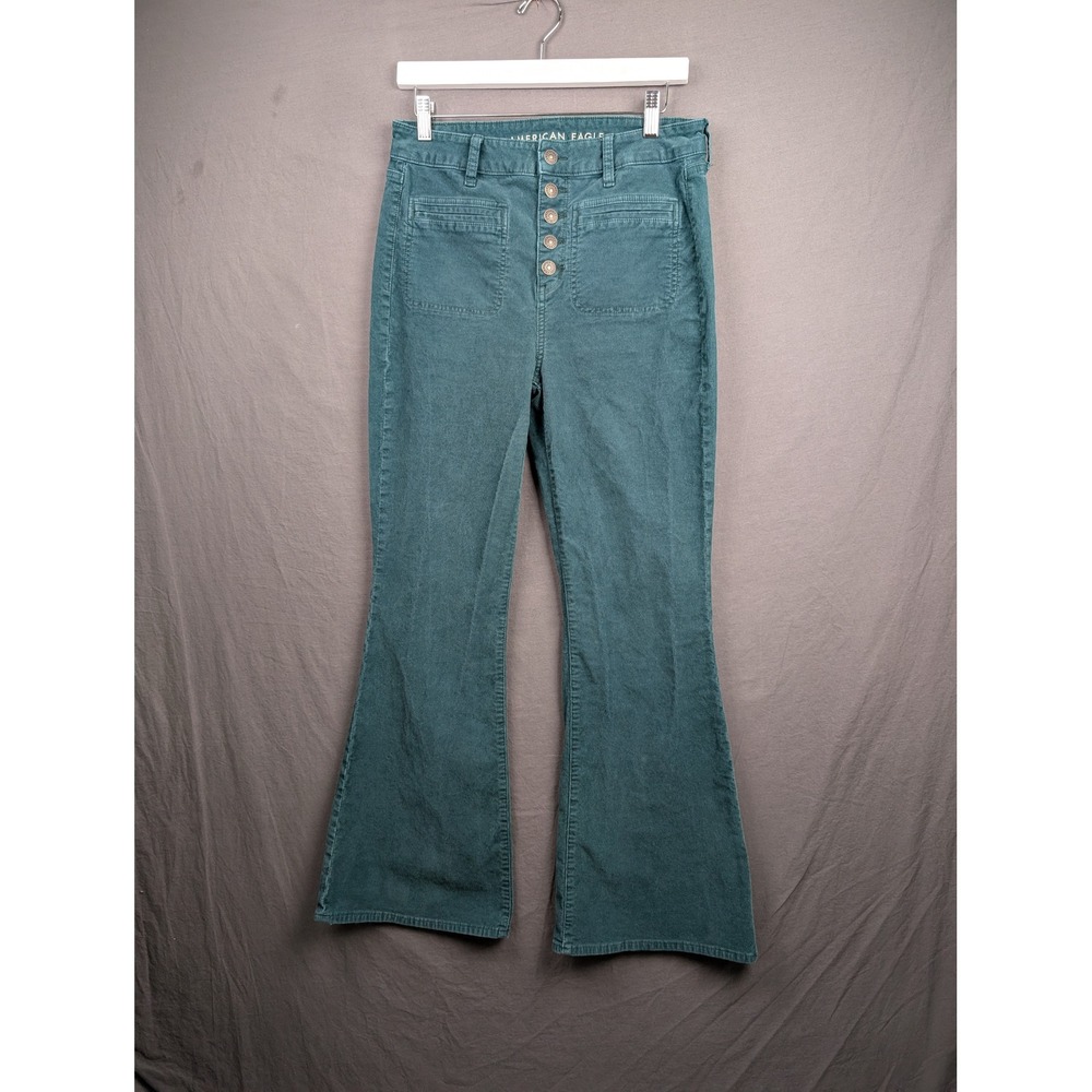 American‎ Eagle Super Hi-Rise Flare Corduroy Pants Green Size 10 \